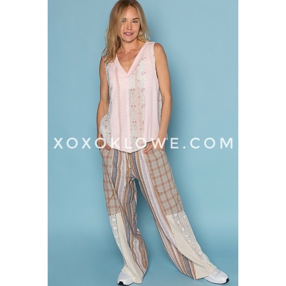 POL Cream Tan Plaid + Stripes Lace Leg Drawstring Pants - Picture 13 of 15